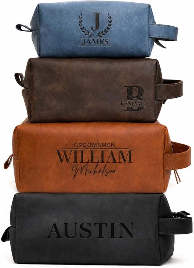 Personalized Handmade Genuine Leather Toiletry Bag | Custom Engraved Shaving Dopp Kit with Name, Initial | Travel Pouch for Men, Him, Husband, Dad, Boyfriend | Gift Idea for Groomsmen