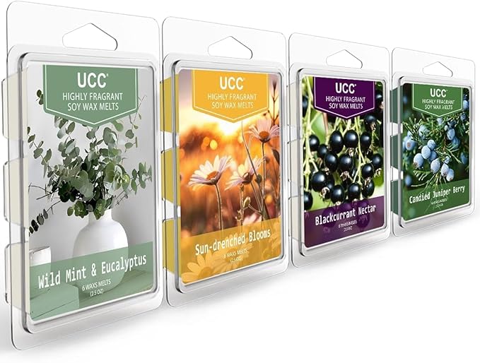 UCC Wax Melts, Soy Wax Cubes Long Lasting Premium Scented Mix Melts Tarts, Sun-Drenched Blooms, Blackcurrant Nectar, Candied Juniper Berry 4 Pack