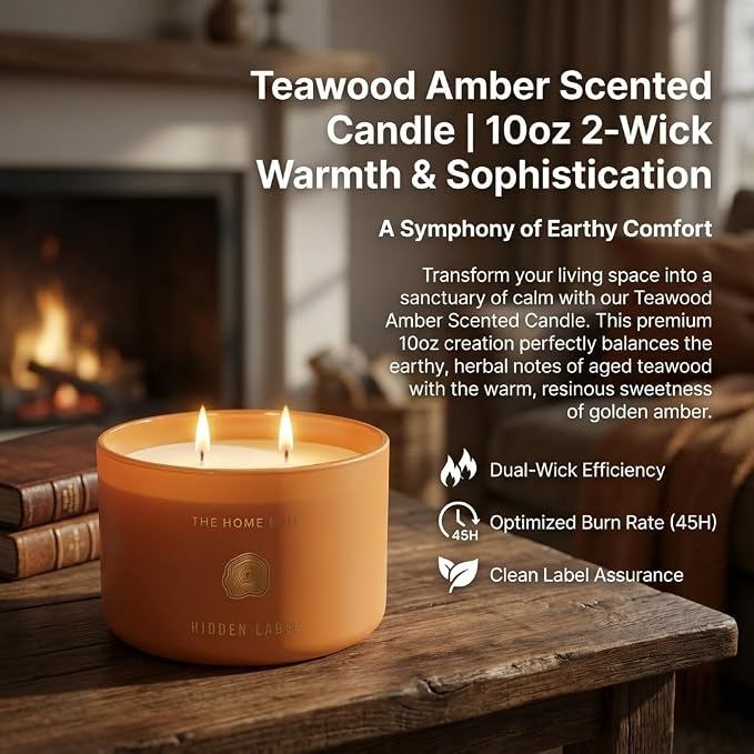 Hidden Label Teakwood Amber Soy Candle, 10oz 2-Wick, 45H Woody Warmth | Non-Toxic Phthalate-Free Vegan Wax | Earthy Amber Cedar Musk | Even Melt No Tunneling | Home Office Living Room Gift for Men