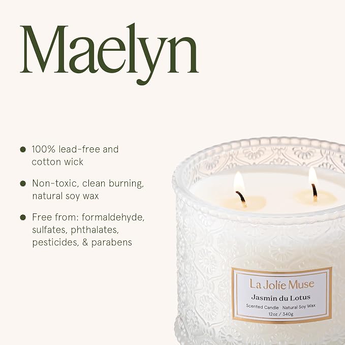 LA JOLIE MUSE Jasmine Lotus Scented Candles for Home, Natural Soy 2-Wick | Large Jar Luxury Candle, Clean Non Toxic, Gift for Women & Mom, Decorative White Candles, Pretty Floral Engaged Candle, 12 oz