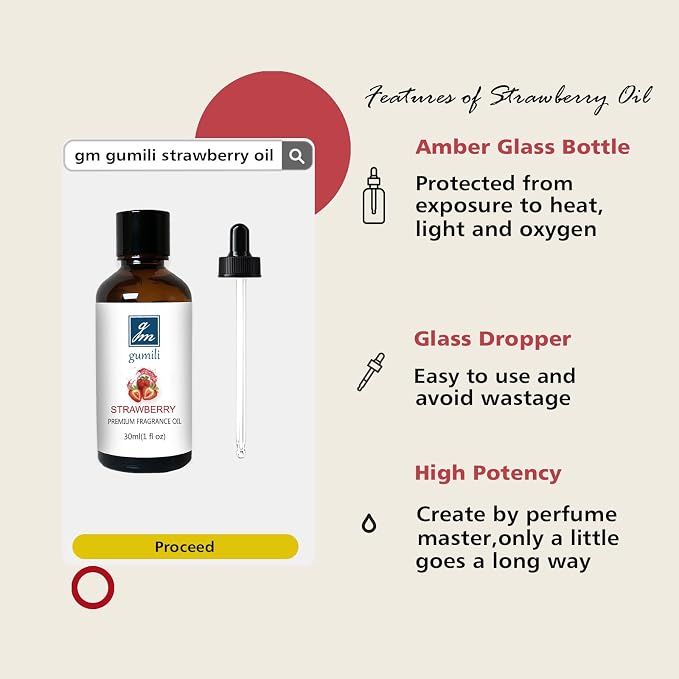 GM Gumili Strawberry Fragrance Oil, Perfume Oil, Home Scent Oils for Soaps, Candle Making, Dryer Balls, Diffusers, Laundry, Slime -1 oz /30ml