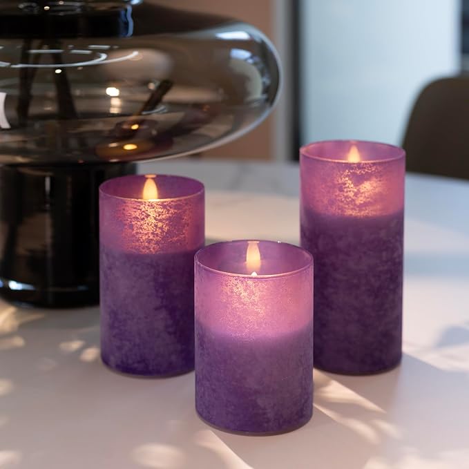 ANGELLOONG Purple LED Candles for Home Decor, Glass Flameless Candles with Remote, Set of 3 Battery Operated Pillar Candle for Fall Halloween Decoration