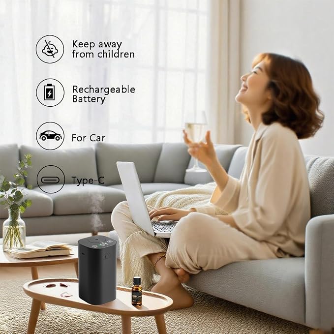 Waterless Essential Oil Diffuser, 20mL Rechargeable Nebulizing Diffuser with 4 Timers & 4 Mist Levels, Rechargeable Diffuser for Home, Office, Bedroom, Hotel, Travel (Black)
