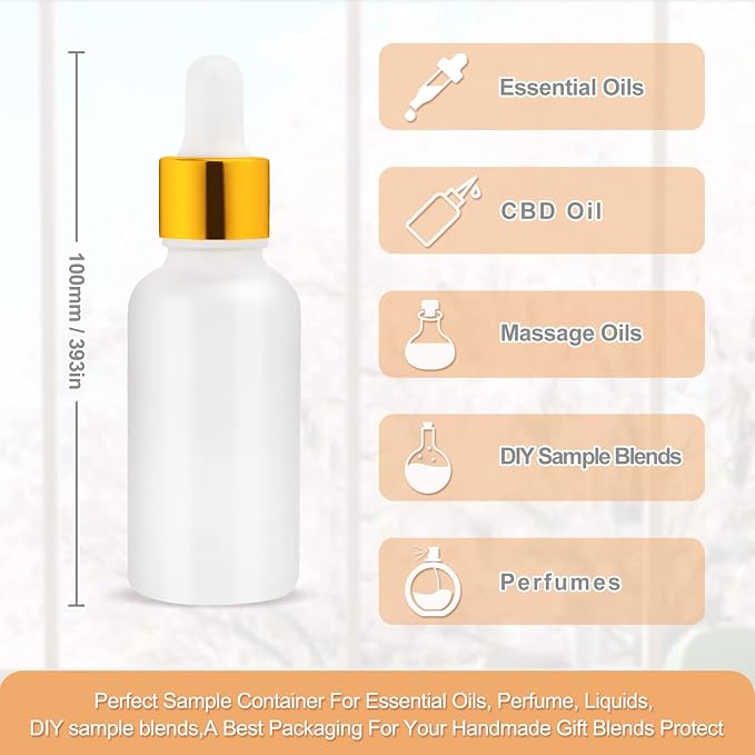 6 Pack Dropper Bottle for Essential Oils, Empty Glass Holder With Eye Dropper, Golden Cap Travel Container - Pipette & Funnel Included (30ml/1 fl oz)