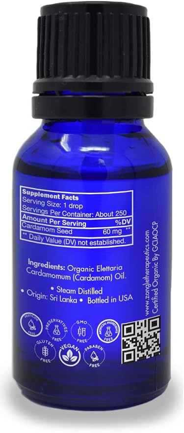 Organic, Cardamom Essential Oil, Food Grade – 100% Pure, Cardamom Oil, by Zongle Therapeutics, 15 ML