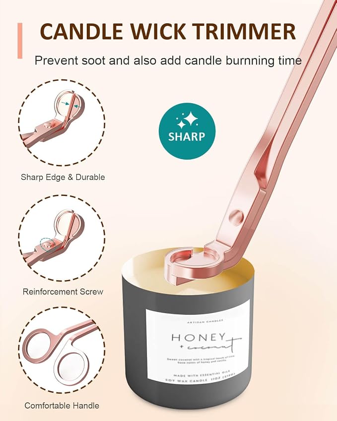 5 in 1 Candle Care Kit, Elegant Candle Wick Trimmer Set, Candle Lighter Set, Candle Snuffer, Candle Tray, Candle Wick Dipper, Candle Accessories Set for Candle Lover (Rose Gold)