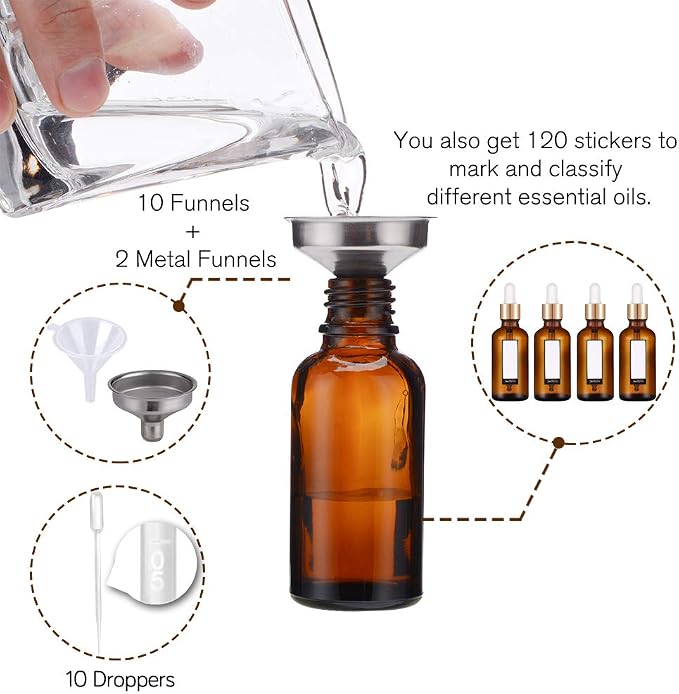 PrettyCare 2 oz Eye Glass Dropper Bottles (60ml), 63 Pack Amber Empty Thick Bottles Bulk with Leakproof Golden Caps - With Labels & Funnels for for Storage, Travel,Essential Oils, DIY Serums, Tincture