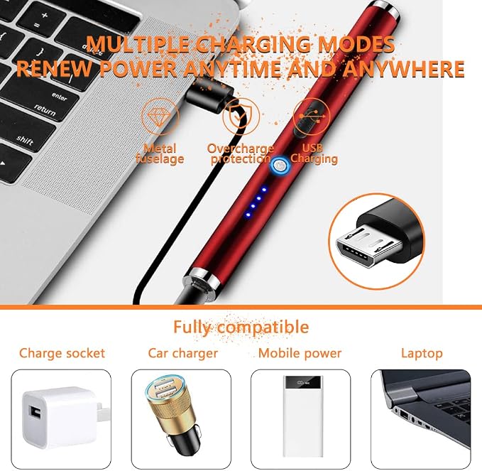 Electric Candle Lighter Rechargeable Plasma Flameless USB Lighter with Safety Lock Dual Arc LED Display for Grill Kitchen Camping (Red)