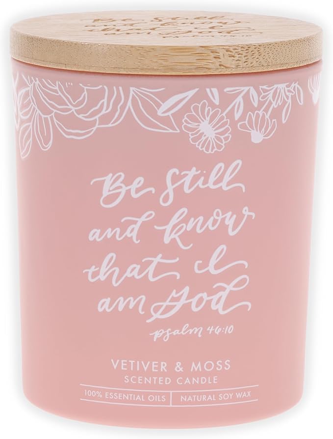 Christian Art Gifts Soy Wax Scented Candle: Be Still & Know Bible Verse, Vetiver & Moss Scent, Pure Essential Oils, 4.5 oz, Up to 20 Hours Burn Time, Glass Jar w/Bamboo Lid, Women's Encouragement Gift