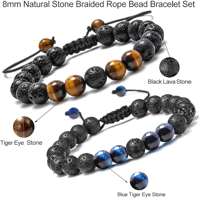 M MOOHAM Mens Bracelet - Beaded Natural Stone 8mm Tiger Eye Matte Agate Lava Rock Bracelets for Men Teen Boys Grandpa Dad Birthday Gifts Jewelry
