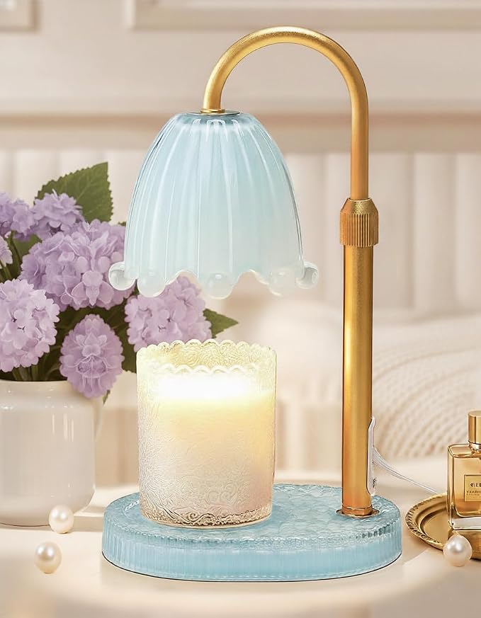 Flower Candle Warmer Lamp Glass Base with Timer & Dimmer, Mothers Day Birthday Gifts for Mom Women, Adjustable Floral Candles Warmer, Girly Wax Warmer New Home Office Decor (Blue-Flower)