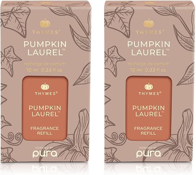 Thymes Pura Refills – 2 Pack of Oil Diffuser Scents – Long-Lasting Pura Diffuser Refills – Premium Home Fragrance – Notes of Nutmeg, Cinnamon, Clove, Pumpkin & Orange Peel (Pumpkin Laurel, Pack of 2)