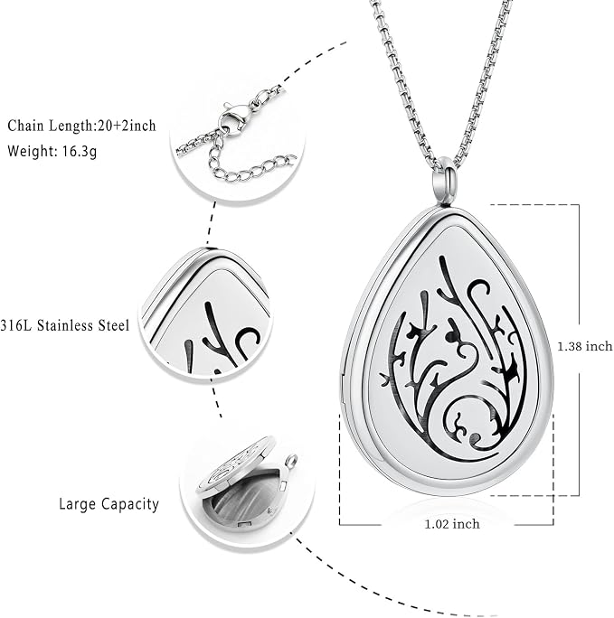 Tree of Life - Stainless Steel Teardrop Aromatherapy Essential Oil Diffuser Necklace Locket Necklace Pendant (Silver Tone)