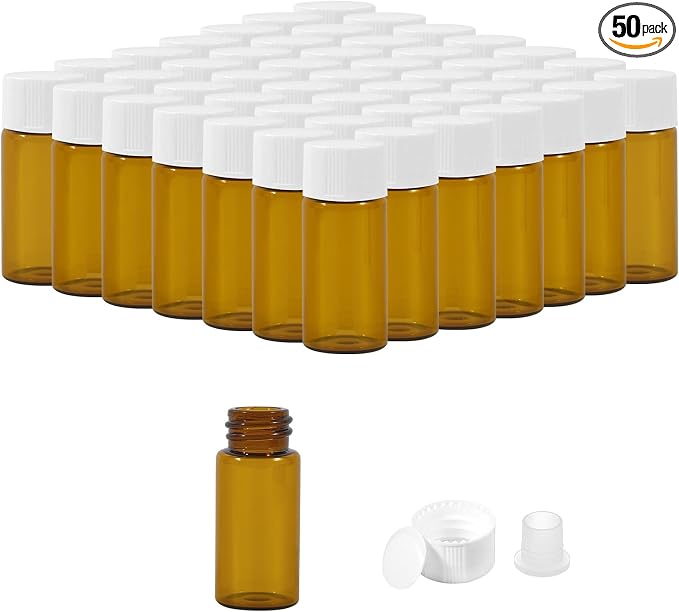 50PCS 4ml Amber Glass Vials with White Screw Caps and Plastic Stoppers, 1 Dram Leak-Proof Small Liquid Sample Bottles for Essential Oils, Perfumes, Reagents