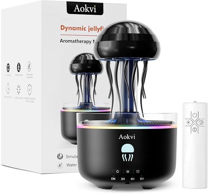 300ML Jellyfish Essential Oil Diffuser, Quiet Aromatherapy Mist Diffusers for Essential Oils, with 7 LED Color Changing Light and Auto-Off Switch, Suitable and Families Humidifiers for Bedroom（Black）