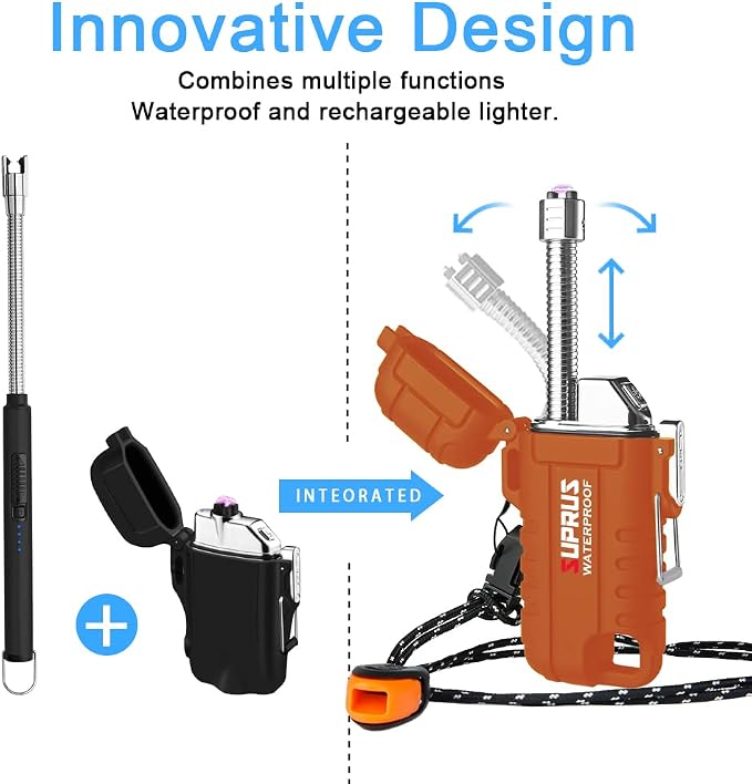 SUPRUS Waterproof Lighter Windproof Lighter Arc Plasma Lighters USB-C Rechargeable with Expandable and Flexible Neck for Outdoor, Camping & Kitchen (Orange, 2Packs)