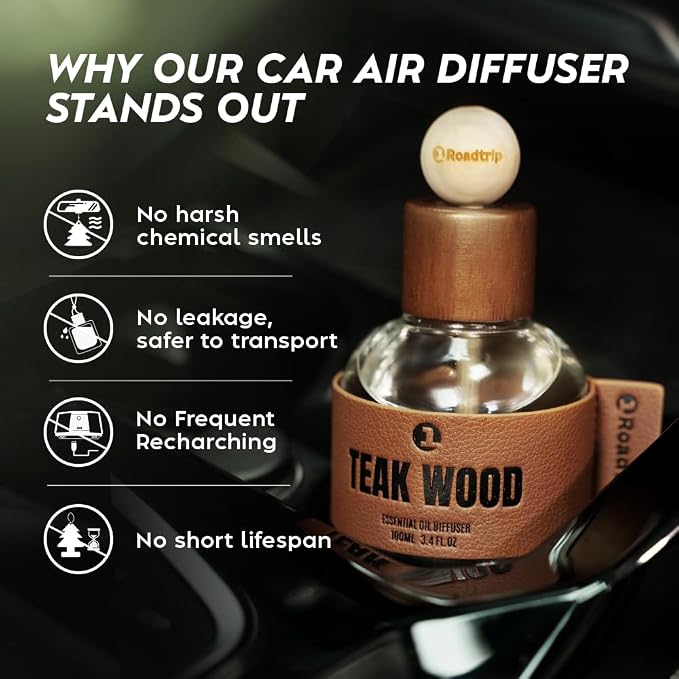 Car Air Freshener - Long Lasting Essential Oil Diffuser - Aromatherapy Accessories for Men & Women -Teakwood Car Scent Diffuser 3.38 FL OZ/100ML