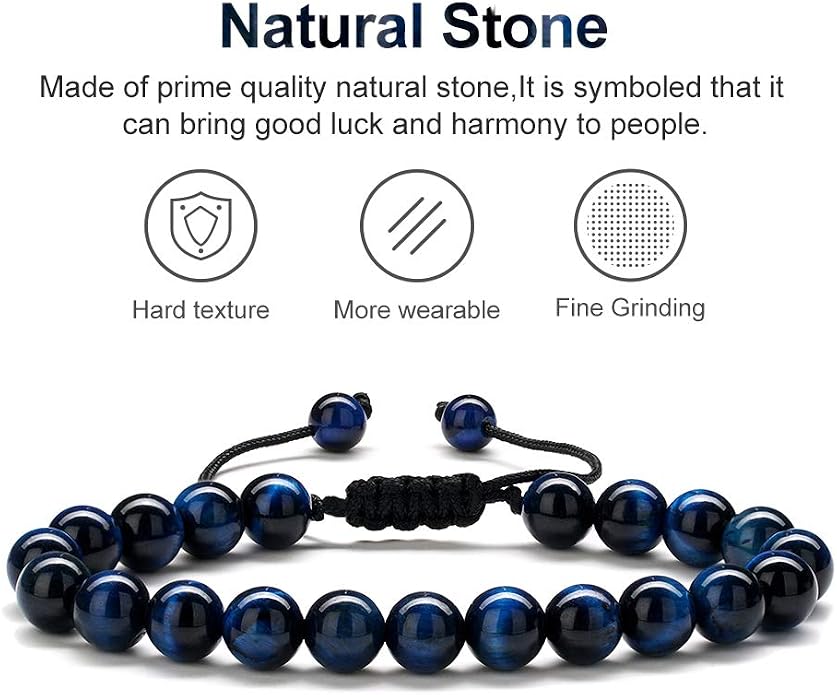 M MOOHAM Mens Bracelet - Beaded Natural Stone 8mm Tiger Eye Matte Agate Lava Rock Bracelets for Men Teen Boys Grandpa Dad Birthday Gifts Jewelry