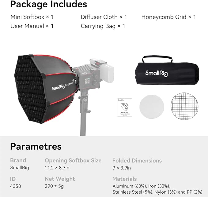 SmallRig 11.4”/29cm Mini Parabolic Softbox Quick Release, Compatible with SmallRig RC 60B/60C, RC 100B/100C Series COB LED Video Light, RA-D30-4358
