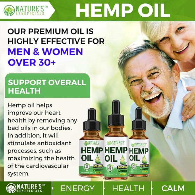 NATURE'S BENEFICIALS Organic Hemp Oil Extract Drops, 1000mg - Omega Fatty Acids 3 6 9, Non-GMO Ultra-Pure CO2 Extracted