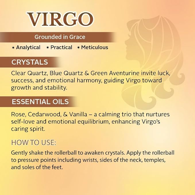 Virgo Zodiac Crystal-Infused Essential Oil Rollerball, Aromatherapy Blend - Balance & Clarity, Premium Astrology Sign Birthday Gift, Natural Therapeutic Roller, 10 mL