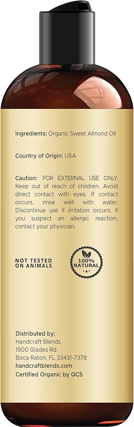 Handcraft Blends Organic Sweet Almond Oil | 100% Pure and Natural | Bath & Body Oil | Premium Grade Carrier Oil | Skin | Hair | Body | Massage | Hexane-Free | 8 Fl Oz