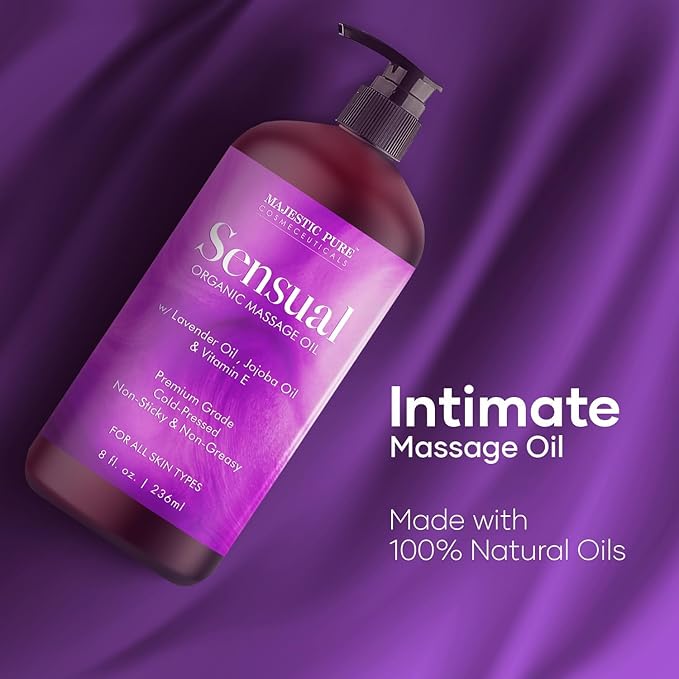 MAJESTIC PURE Organic Sensual Massage Oil for Massage Therapy - Refreshing, and Relaxing - Natural Oils for Date Night with Vitamin E - for All Skin Types - Men and Women Massage Lotion- 8 fl oz