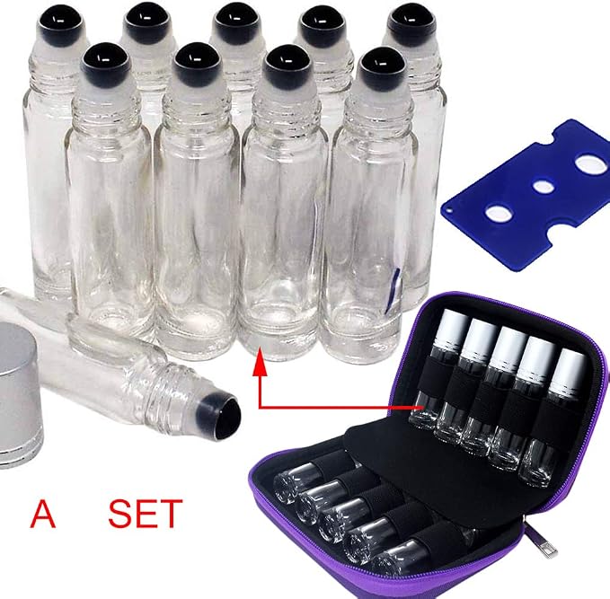fengshuisale 10pcs Clear 10ml Empty Refillable Glass Bottles with Crystal Semiprecious Stones Essential Oil Gemstone Roller Ball Bottles with Silver Lid with Free Bag W3900 (Obsidians)