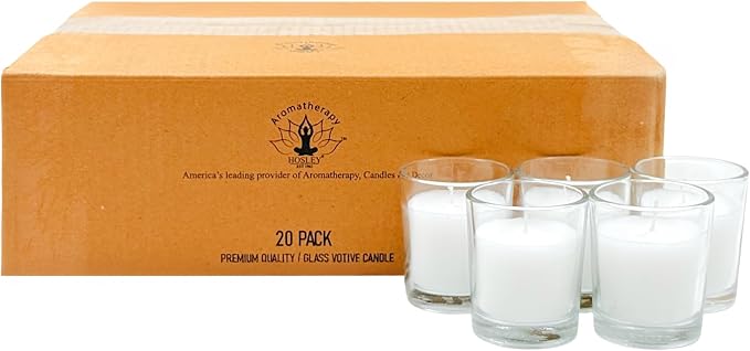 Hosley 20-Pack White Unscented Votive Candles in Clear Glass Holders Hand Poured Wax for Timeless Elegance and Versatile Décor Illuminate Every Moment
