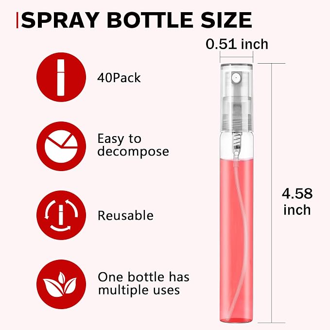 Mini Spray Bottle 10ml, Refillable Glass Spray Bottle, Glass Bottle Atomizer, Perfume Mouthwash Atomizer for Cleaning Refillable Container for Travel, Essential Oils, Perfume 40 Pcs, 10ml