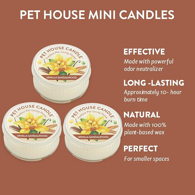 Pet House Mini Candles for Pet Odor Made with Natural Soy Wax, Plant Based, Dog and Cat Friendly Scented Candles, Vanilla Sandalwood Pack of 3