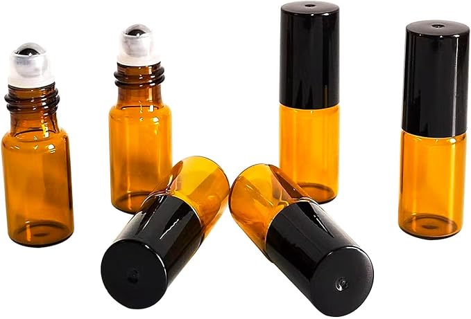 50 PCS 3ml Amber Glass Roller Bottle,Essential Oil Sample Vials with Stainless Steel Roller Ball,Black Caps,for Travel Perfume Cosmetics Small Container(2 Funnels, 2 Dropper, 1 Opener) (3ml)