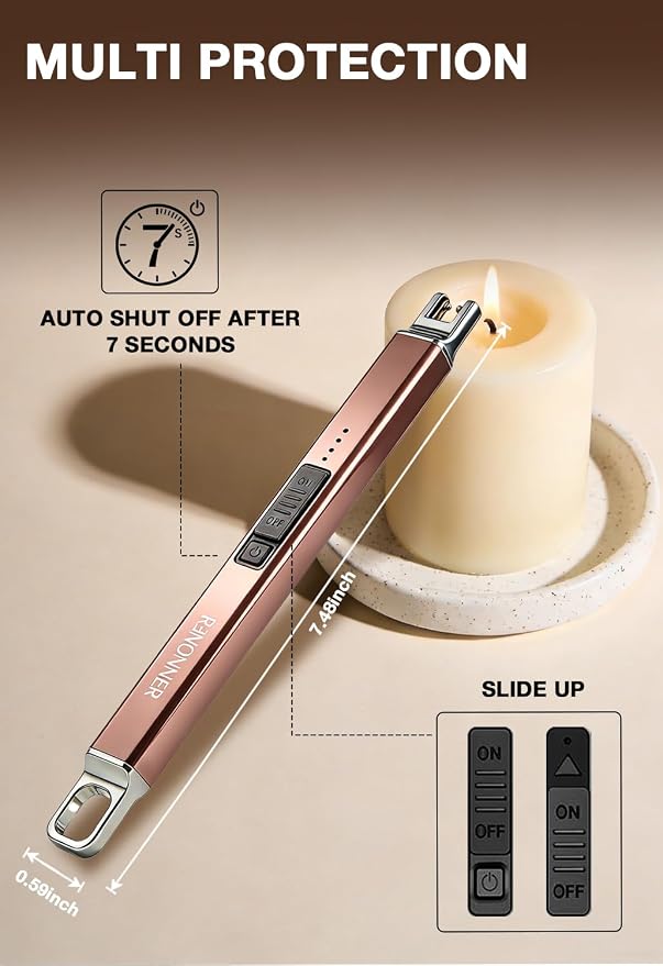 RAYONNER Electric Candle Lighter Rechargeable USB-C Plasma Arc Lighter with Hanging Hook Windproof Flameless Igniter for Camping Grill Home Decor Gifts (2 Pack - Rosegold)