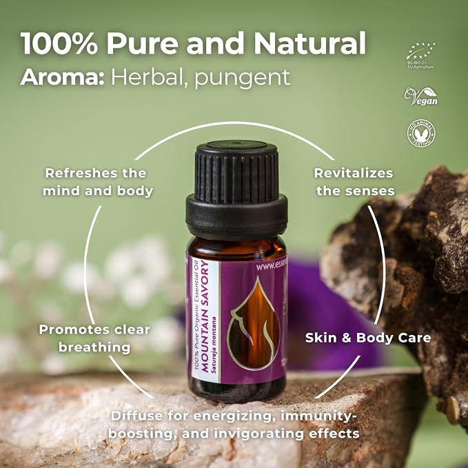 Essences Bulgaria Organic Mountain Savory Essential Oil 1/6 Fl Oz | 5ml | Satureja Montana | 100% Pure and Natural | Undiluted | Therapeutic Grade | Family Owned Farm | Steam-Distilled | Non-GMO