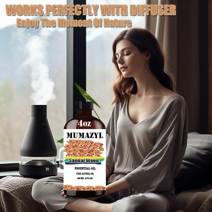 Sandalwood Essential Oil, Sandalwood Oil 4 Fl Oz 120ML for Diffuser Humidifier Yoga Cleaning DIY Candle Soap Making MUMAZYL Essential Oils