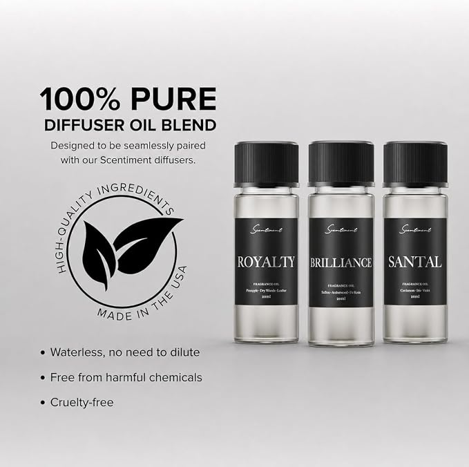 Scentiment Diffuser Oil Sample Set – 3 Pack Royalty, Brilliance, Santal, Pineapple – Saffron & Cardamom Blends, Luxury Hotel-Inspired Fragrance Oils for Cold Air Diffusers – 3 x 0.68 fl oz (20 mL)