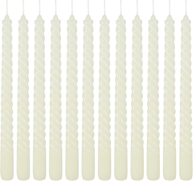 WPONSZU 10 Inch Ivory Spiral Taper Candle Set of 12 Pack Unscented Dripless Candlesticks for Valentine's Day,Dinner,Party,Brithday,Wedding,Christmas,and Home Decoration