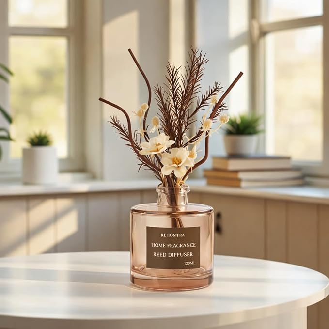 Reed Diffuser with Dried Flowers, Jasmine Cedar Sandalwood Scent, 4.06 fl oz, Glass, 120ml, Long Lasting Home Fragrance (Cedar)