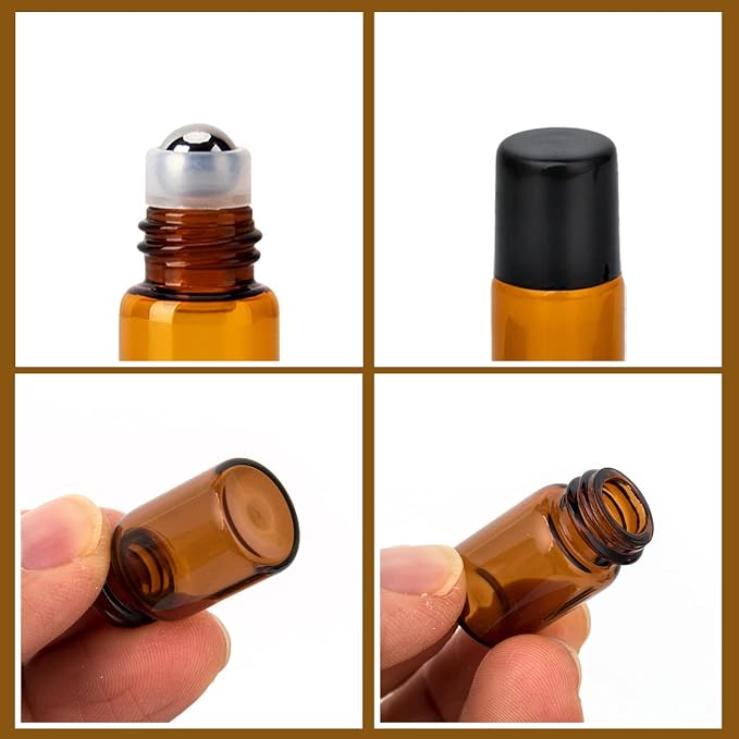 2ML Essential Oil Roller Bottles, 24 Pack Amber roller bottles for oils, Mini Glass Roll on Bottles with Stainless Steel Roller Balls&2 Droppers