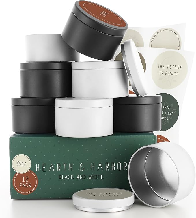 Hearth & Harbor Tin Candle Jars for Making Candles - DIY Candle Containers with Lids - Metal Candle Jars - Bulk Tins Storage for Candle - (12 Pieces) - (8 Ounces) - Solid Black and White