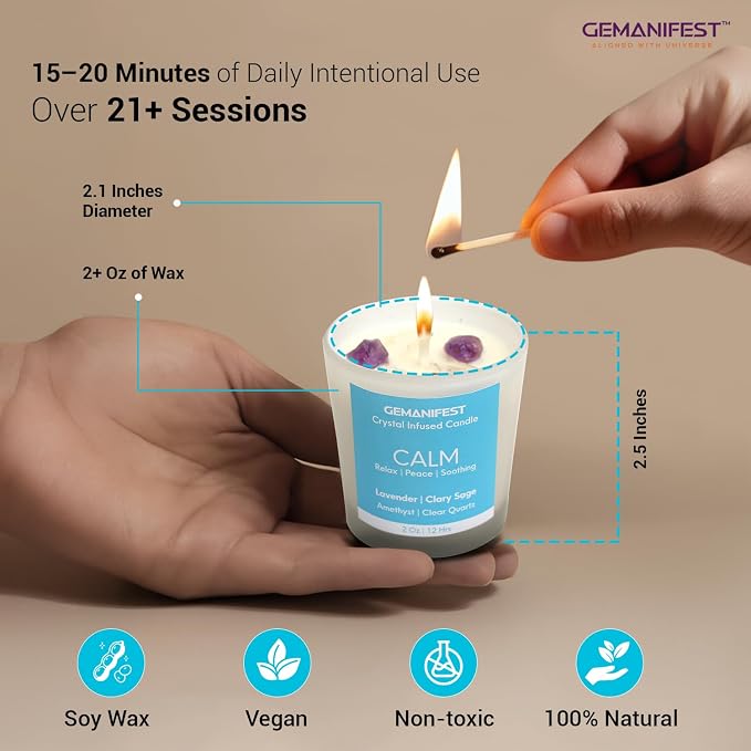 Stress Relief Manifestation Crystals Candle, Lavender Essential Oil & Healing Soy Candle Anti-Anxiety, Valentine's Gift for Her/Him, Women's Wellness & Spiritual Healing