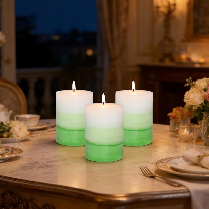Pillar Candles 3x4 Inch Eucalyptus Scented Hand-Poured Layered Green Gradient Candle Long Lasting Clean Burn Candle for Home Scented Relaxation Spa Holiday Dinner Table Rustic Decor, 3 Pack