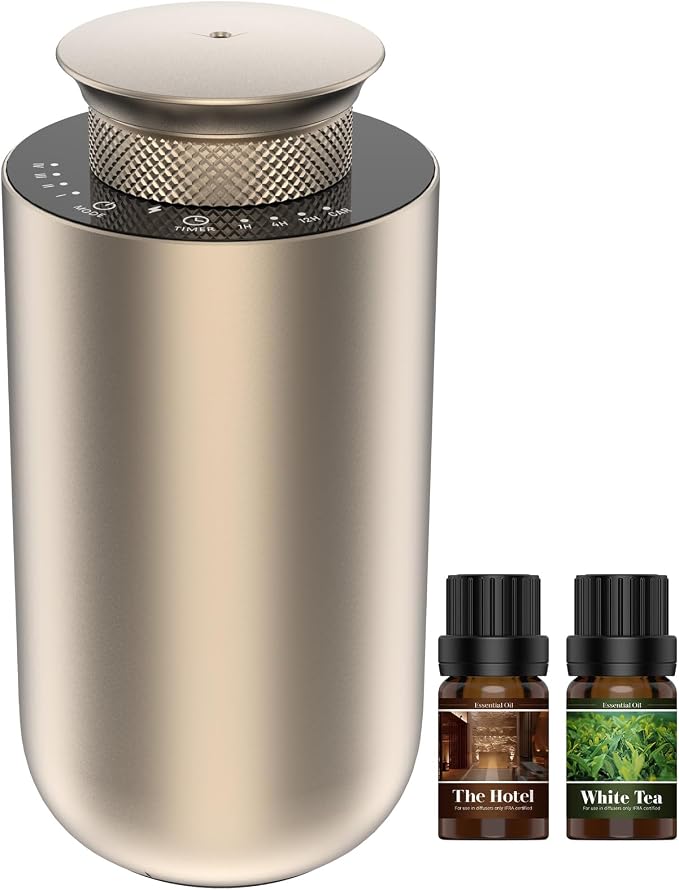 2026 Upgraded Rechargeable Waterless Car Scent Diffuser Kit, Includes 2 Premium Oils, Auto On/Off, 4 Mist Levels & Timers, Portable Aromatherapy Diffuser for Hotel,Home,Room,Studio,Office - Gold