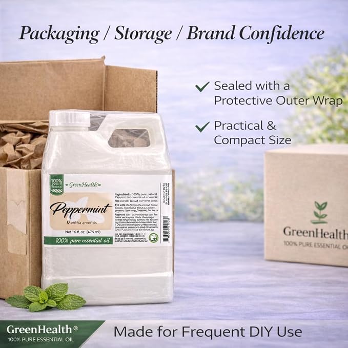 GreenHealth Peppermint Essential Oil – 16 fl oz | 100% Pure & Uncut | Heavy-Duty Plastic Jug | FDA Compliant, Space-Saving Container | for Aromatherapy, Soap, Candles, Cleaning, DIY