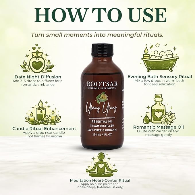 Ylang Ylang Essential Oil – 100% Pure Organic Ylang Ylang Oil, Steam Distilled, 4 FL OZ / 118 ML – Premium Essential Oil for Diffuser, Aromatherapy, Massage, Skin Care, Candle & Soap Making
