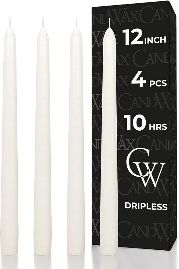 CANDWAX Ivory Taper Candles 12 inch Dripless - Set of 4 Tapered Candles - Smokeless and Unscented Candlesticks Long Burning