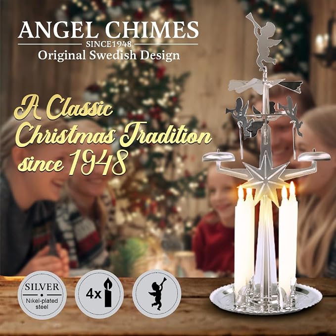 Original Swedish Angel Chimes and 4 Candles - Spinning Festive Chimes - Silver Color