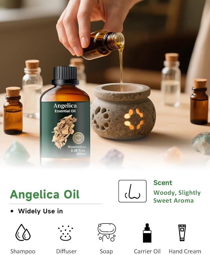 Angelica Root Essential Oil, Pure Angelica Oil Mumianhua Grounding & Calming Aroma for Meditation, Yoga, Diffuser & Mind Wellness, Steam Distilled, 3.38 Fl Oz