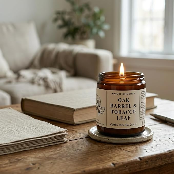 Nature Skin Shop Oak Barrel and Tobacco Leaf Artisan Soy Candle Warm Aromatherapy Home Fragrance Vegan Cotton Wick 8 oz