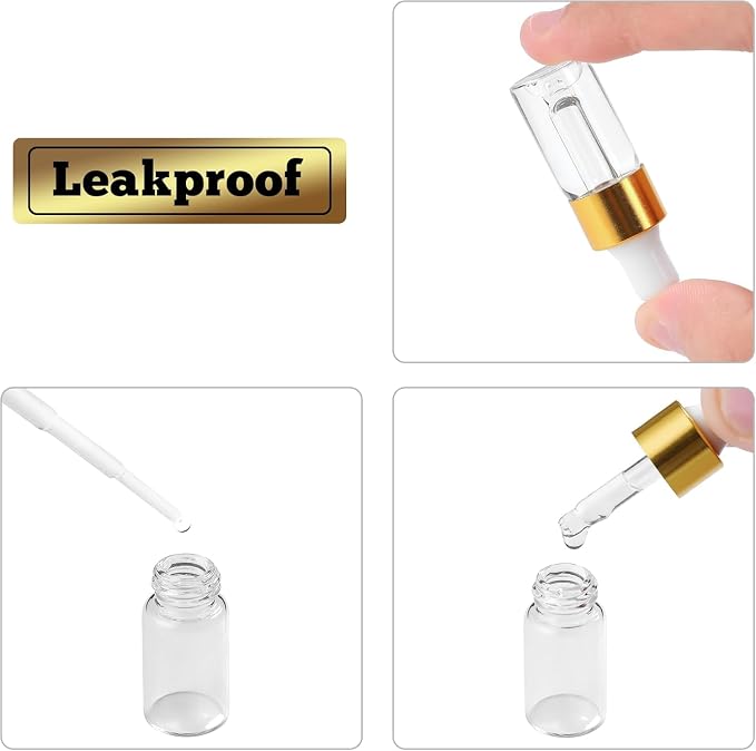 Small Dropper Bottle 3ml – 100pcs Clear Glass Bottles with Golden Collar for Essential Oils, Serums, Perfume Samples, Crafting, DIY Skincare, Travel
